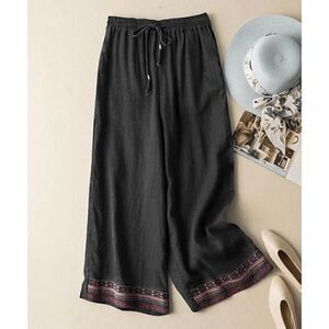 IZURIA | Black Geometric-Embroidered Drawstring Wide-Leg Linen-Blend Pants S